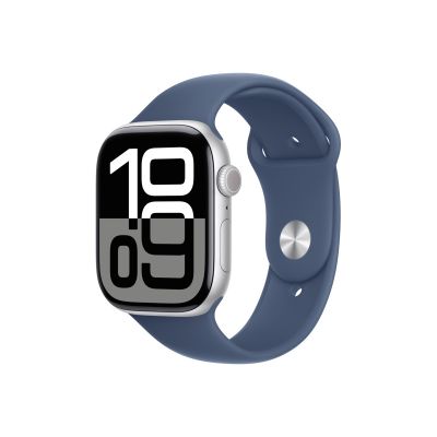 Apple Watch Series 10 GPS – 46 mm-es ezüst alumíniumtok, denim sportszíj - S/M