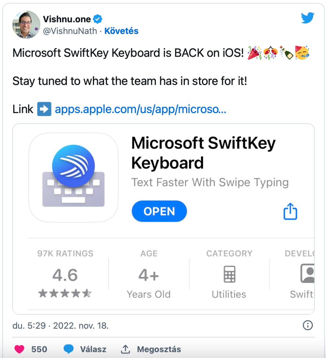 SwiftKey iOS ism&eacute;tl&eacute;s/visszat&eacute;r&eacute;s